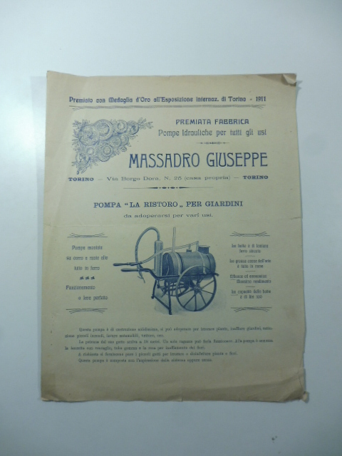 Massadro Giuseppe. Torino. Borgo Dora 25. Pompe idrauliche per tutti gli usi